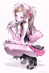 1girl absurdres animal_print bag bare_shoulders black_boots black_skirt boots bow crop_top drowsyww earrings elbow_gloves frilled_skirt frills full_body gloves hair_bow hat high_heel_boots high_heels highres jewelry leopard_print long_hair looking_at_viewer midriff miniskirt necktie original pink_bow pink_eyes pink_gloves pink_skirt pink_thighhighs print_hat print_thighhighs ribbon shirt simple_background skirt squatting thighhighs trap twintails watermark white_background