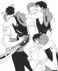 +++ 2boys anger_vein arms_around_neck bare_shoulders blush evrinuk facial_scar fingernails fur-trimmed_shorts fur_trim grin hand_on_another&#039;s_head hand_on_another&#039;s_neck highres laughing leg_wrap looking_to_the_side low-cut_armhole male_focus monkey_d._luffy multiple_boys multiple_views one_piece open_mouth pants roronoa_zoro scar scar_on_cheek scar_on_face shirt short_hair short_sideburns short_sleeves shorts sideways_glance simple_background sleeveless smile sword t-shirt teeth upper_teeth_only vest weapon white_background yaoi