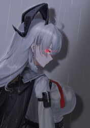 1girl absurdres ahoge arm_pouch black_horns black_jacket breasts closed_mouth commentary commonalty drop_shadow earrings from_behind glowing glowing_eyes highres horns jacket jacket_on_shoulders jewelry key_earrings large_breasts looking_at_viewer rain red_eyes shirt solo white_hair white_shirt wuthering_waves zani_(wuthering_waves)