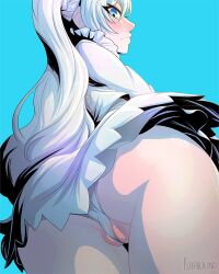 1girl ass between_labia blue_background blue_eyes dress from_below frontal_wedgie khartemis long_hair long_sleeves panties partially_visible_vulva ponytail rwby short_dress solo underwear very_long_hair wedgie weiss_schnee white_dress white_hair white_panties