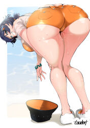 1girl ass belle_(zenless_zone_zero) bent_over black_hair black_hat bracelet breasts green_eyes grin hair_ornament hat jewelry large_breasts looking_at_viewer naughty_face orange_shorts pussy_juice shirt short_hair short_shorts shorts smile solo sweat thighs toudori trefoil white_shirt zenless_zone_zero