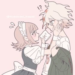 !? 1boy 1girl :d :o breasts brown_hair cleavage coffee danganronpa_(series) danganronpa_2:_goodbye_despair dress eye_contact from_side galaga green_jacket grey_background grey_hair holding holding_tissue hood hood_down hooded_jacket jacket komaeda_nagito komanami_kawaii large_breasts looking_at_another maid messy_hair nanami_chiaki official_alternate_costume open_clothes open_jacket open_mouth pink_eyes print_shirt shirt short_hair simple_background smile tray white_shirt