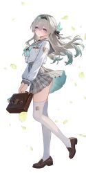 Rule 34 | 1girl, absurdres, bag, black bow, black hairband, blue eyes, blue pupils, bow, bowtie, breasts, brown bag, brown shoes, closed mouth, comiket 106, commentary request, feet out of frame, firefly (honkai: star rail), firefly (spring missive) (honkai: star rail), from side, full body, gradient hair, green bow, green bowtie, green hair, grey hair, grey sailor collar, grey skirt, hair bow, hairband, highres, holding, holding bag, honkai: star rail, honkai (series), light blush, loafers, long hair, long sleeves, looking at viewer, medium breasts, multicolored eyes, multicolored hair, official alternate costume, purple eyes, rrr gns (riuriu 1212), sailor collar, school uniform, serafuku, shirt, shoes, simple background, skirt, smile, solo, thighhighs, thighs, two-tone eyes, white background, white shirt, white thighhighs, wind