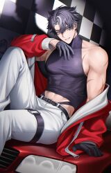 Rule 34 | 1boy, absurdres, belt, black gloves, black hair, black shirt, blue eyes, car, crop top, earrings, genshin impact, gloves, grey hair, hair between eyes, highres, jacket, jewelry, long sleeves, looking at viewer, male focus, midriff, motor vehicle, multicolored hair, muscular, muscular male, on car, pants, red jacket, scar, scar on arm, shirt, short hair, smile, solcha, solo, streaked hair, teeth, white pants, wriothesley (genshin impact)
