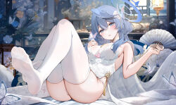1girl ako_(blue_archive) bare_arms bare_shoulders blue_archive blue_eyes blue_hair blue_halo blush breasts bug butterfly commentary dress feet flower folding_fan full_body hair_ornament halo hand_fan highres holding holding_fan insect large_breasts looking_at_viewer medium_hair panties parted_lips soles solo thighhighs thighs underwear white_dress white_panties white_thighhighs yukineko1018