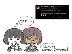 2girls black_hair black_jacket black_vest bob_cut chibi cigarette closed_mouth collared_shirt expressionless jacket lapels limbus_company multiple_girls necktie notched_lapels outis_(project_moon) project_moon red_eyes red_necktie request_inset ryoshu_(project_moon) shirt short_hair simple_background vest white_background white_shirt yongsa_(ishmaelenjoyer)