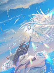 Rule 34 | 1other, androgynous, antarcticite, aqua hair, black necktie, blue sky, body horror, broken, cracked skin, day, dutch angle, eyeball, eyelashes, finger to mouth, floating hair, gem uniform (houseki no kuni), gloves, grey gloves, half-closed eyes, highres, horizon, houseki no kuni, index finger raised, long hair, looking at viewer, morning, necktie, nukumorineko, ocean, other focus, severed head, shards, short hair, short sleeves, shushing, sky, smile, solo, sparkle, torn clothes, twitter username, two-sided fabric, white hair