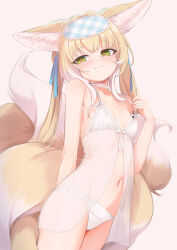 1girl alternate_costume alternate_hairstyle animal_ear_fluff animal_ears arknights blonde_hair fox_ears fox_girl fox_tail highres kitsune kyuubi light_smile lingerie long_hair multiple_tails negligee nightgown panties smile solo suzuran_(arknights) tail underwear underwear_only white_negligee white_nightgown white_panties yakurope-moko