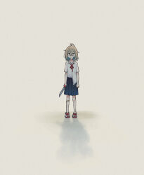 1girl :3 ahoge backlighting bandaid bandaid_on_cheek bandaid_on_face bandaid_on_knee bandaid_on_leg bandaid_on_nose blue_hair blue_skirt brown_background brown_hair byackopath_(artist) closed_mouth collared_shirt colored_inner_hair commentary_request do_it_yourself!! holding_tool looking_at_viewer loose_neck_ribbon medium_hair multicolored_hair neck_ribbon pleated_skirt red_ribbon ribbon saw shadow shirt shirt_partially_tucked_in shoes short_sleeves simple_background skirt smile sneakers solo standing white_shirt white_shoes wide_shot yua_serufu
