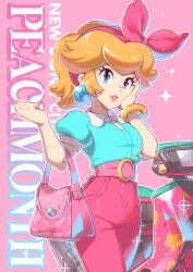Rule 34 | 1girl, aqua shirt, bag, belt, blonde hair, blue eyes, blue shirt, bracelet, breasts, earrings, gold bracelet, hair ribbon, hairband, handbag, high-waist pants, highres, jewelry, lips, long hair, looking at viewer, mario (series), mario kart, mario kart world, moped, motor vehicle, motorcycle, nintendo, pants, parted lips, pink belt, pink hairband, pink pants, pink ribbon, princess peach, princess peach (sightseeing), ribbon, saiwo (saiwoproject), shirt, smile, solo, sphere earrings, teeth