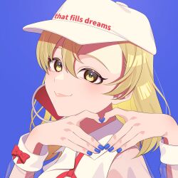 Rule 34 | 1girl, absurdres, adapted costume, baseball cap, blonde hair, blue background, closed mouth, collared shirt, finger heart, fingernails, guumin, hat, highres, kana anaberal, lips, medium hair, nail polish, phantasmagoria of dim.dream, shirt, simple background, solo, touhou, touhou (pc-98), white hat, white shirt, white wrist cuffs, wrist cuffs, yellow eyes