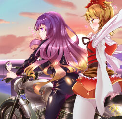 2girls amaguri_aniko black_bodysuit blonde_hair blush bodysuit commission dusk gradient_hair hijiri_byakuren motor_vehicle motorcycle multicolored_hair multiple_girls outdoors purple_eyes purple_hair sitting skeb_commission toramaru_shou touhou turbo_byakuren two-tone_hair yellow_eyes