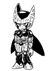 1boy absurdres arms_at_sides cell_(dragon_ball) cell_junior child closed_mouth doodle dragon_ball dragonball_z full_body greyscale highres looking_ahead male_focus monochrome obata2nd sketch smile smug solo spots standing wings