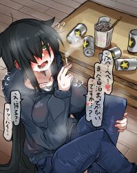 1girl absurdres beer_can black_hair black_hoodie blue_pants blush breasts can chopsticks cigarette cigarette_butt cowlick cup disposable_cup drink_can ear_blush embarrassed flying_sweatdrops hair_over_one_eye hand_on_own_leg hand_up highres hood hood_down hoodie indie_virtual_youtuber instant_ramen knees_up large_breasts long_bangs long_hair long_sleeves looking_at_viewer makinanagumo nagumo_makina open_mouth pants red_eyes sapporo_beer sharp_teeth sidelocks simple_background sleeves_past_wrists smoking solo speech_bubble sweat teeth translation_request variant_set very_long_hair wooden_floor