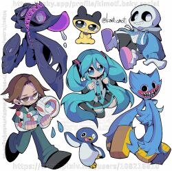 1girl 2boys aqua_eyes aqua_hair baby bandages bird black_eyes brown_eyes brown_hair character_request copyright_request creature full_body grin hatsune_miku huggy_wuggy kimoti_omoti long_hair monster multiple_boys penguin poppy_playtime running sans_(undertale) sharp_teeth skeleton smile teeth twitter_username undertale very_long_hair vocaloid white_background