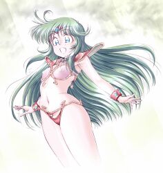 1girl armor ayanokouji_rem bikini bikini_armor bracer breasts covered_erect_nipples dream_hunter_rem green_eyes green_hair highres long_hair navel open_mouth pauldrons pink_bikini red_bikini shoulder_armor small_breasts solo stomach swimsuit tenjiku_go thighs tiara