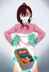 Rule 34 | 1girl, ayase momo, blue skirt, bow, bowtie, breasts, brown eyes, brown hair, collared shirt, commentary, cowboy shot, crossed bangs, dandadan, earrings, futz 11, glint, gradient background, hair between eyes, highres, jewelry, juice box, long sleeves, medium breasts, miniskirt, open hands, open mouth, pink sweater, pleated skirt, red bow, red bowtie, school uniform, shirt, short hair, skirt, solo, sweater, telekinesis, thick eyebrows, white shirt