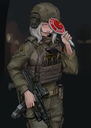 1girl absurdres ammunition_pouch assault_rifle body_armor bulletproof_vest camouflage city_lights combat_helmet covering_face east_germany embarrassed fast_helmet german_text grey_eyes gun h&amp;k_mp5 helmet highres lithographica load_bearing_vest magazine_(weapon) medium_hair military_operator night optical_sight original outdoors patch police police_uniform policewoman pouch rifle riot_police shoulder_patch shy solo submachine_gun tactical_clothes weapon white_hair