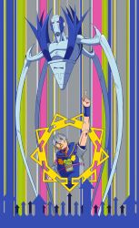 1boy 1other absurdres araki_hirohiko_(style) arm_up arrow_(symbol) belt blue_jumpsuit braid commentary compound_eyes english_commentary green_eyes grey_hair grey_shirt hachuart hair_between_eyes hair_ornament hatching_(texture) heart_ornament highres jodio_joestar jojo_no_kimyou_na_bouken jumpsuit long_bangs makeup male_focus multicolored_hair non-humanoid_robot november_rain_(stand) pink_belt pink_eyes pointing pointing_up robot shirt short_hair short_sleeves side_braid stand_(jojo) star_(symbol) star_hair_ornament the_jojolands two-tone_hair upper_body wing_ornament wristband yellow_lips