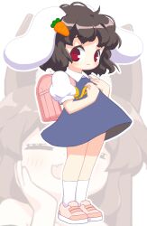 2girls alternate_costume animal_ears backpack bag bebeneko black_hair blue_dress brown_hair carrot_hair_ornament commentary_request crime_prevention_buzzer dress floppy_ears food-themed_hair_ornament full_body hair_ornament imaizumi_kagerou inaba_tewi looking_at_viewer multiple_girls pinafore_dress pink_bag pink_shoes puffy_short_sleeves puffy_sleeves rabbit_ears rabbit_girl randoseru red_eyes shirt shoes short_hair short_sleeves sleeveless sleeveless_dress sneakers socks solo_focus standing touhou white_background white_shirt white_socks wolf_girl