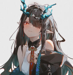 Rule 34 | 1girl, arknights, bare shoulders, black hair, black jacket, dragon girl, dragon horns, dusk (arknights), grey background, hair over one eye, head tilt, highres, horns, jacket, long hair, looking at viewer, necktie, off shoulder, one eye covered, openvl, parted bangs, parted lips, pointy ears, red eyes, red necktie, shirt, simple background, sleeveless, sleeveless shirt, solo, upper body, white shirt, wing collar