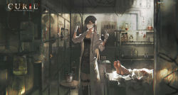 1girl 1other blood bottle brown_hair bucket chair collarbone curse:_two_worlds_one_destiny drawer fire_extinguisher gloves hair_over_one_eye highres lab_coat latex latex_gloves lococo:p long_hair mask mouth_mask original photo_(object) red_eyes reflection standing surgical_mask syringe tattoo thighhighs vial white_gloves x-ray_film