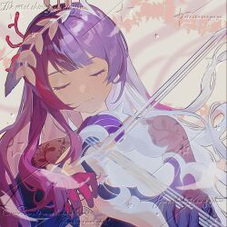 1girl artist_request blunt_bangs chinese_commentary closed_eyes closed_mouth commission dress frilled_sleeves frills gloves gradient_hair hair_floating_upwards head_tilt headpiece highres holding holding_instrument holding_violin honkai:_star_rail honkai_(series) hysilens_(honkai:_star_rail) instrument leaning_to_the_side long_hair long_sleeves multicolored_hair music playing_instrument purple_hair red_gloves second-party_source see-through_clothes see-through_sleeves solo upper_body violin watermark wavy_hair