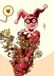 1girl artist_name asymmetrical_gloves batman:_the_animated_series batman_(series) bdsm black_bodysuit black_gloves blush bodysuit bondage bound commentary cowboy_shot dated dc_animated_universe dc_comics dcau domino_mask english_commentary gloves harley_quinn harley_quinn_(classic) heart highres implied_yuri looking_at_viewer mask mikemaihack mismatched_gloves plant red_bodysuit red_gloves simple_background smile solo speech_bubble spoken_heart vines