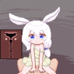 1boy 1girl animal_ears animated animated_gif asymmetrical_hair blue_eyes censored cowgirl_position cross-section cum cum_in_pussy cum_overflow dress ejaculation flat_chest girl_on_top hetero hinainf internal_cumshot loli long_hair low_ponytail lowres mosaic_censoring nipples original penis ponytail pov pov_crotch rabbit_ears rabbit_girl sex straddling sundress uterus white_dress white_hair