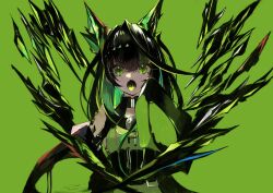 1girl animal_ears aqa arknights bare_shoulders black_hair breasts colored_inner_hair colored_tongue dress green_background green_dress green_eyes green_hair green_tongue highres long_hair material_growth mon3tr_(arknights) multicolored_hair open_mouth oripathy_lesion_(arknights) shirt sleeveless sleeveless_shirt sleeves_past_fingers sleeves_past_wrists upper_body