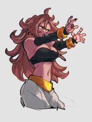 Rule 34 | 1girl, android 21, black nails, breasts, brown hair, cleavage, colored skin, dragon ball, dragon ball fighterz, earrings, fingernails, grey background, hoop earrings, jewelry, kemachiku, large breasts, long hair, majin android 21, midriff, nail polish, navel, open mouth, pink skin, red hair, simple background, solo