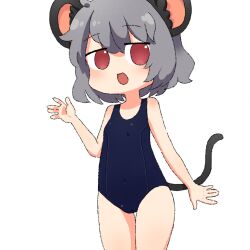 1girl :d animal_ears black_one-piece_swimsuit blush chanpuru_(nicoseiga_67544477) commentary_request cookie_(touhou) cowboy_shot flat_chest grey_hair looking_at_viewer mouse_ears mouse_girl mouse_tail nazrin nyon_(cookie) one-piece_swimsuit open_mouth short_hair simple_background smile solo swimsuit tail touhou white_background
