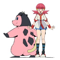 1girl :d blue_shorts breasts buttons gen_2_pokemon hair_ornament hairclip jacket knees leaning_forward long_hair miltank nintendo open_mouth pink_hair pokemon pokemon_(creature) pokemon_hgss psaber97 shoes short_shorts short_sleeves shorts smile socks spread_fingers standing striped_clothes striped_socks tongue white_background white_jacket whitney_(pokemon) wristband