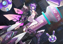 1girl blue_eyes breasts cropped_jacket fingerless_gloves gloves highres jacket looking_at_viewer mechanical_wings medium_breasts melody_(projektmelody) melody_(projektmelody)_(1st_costume) navel open_mouth pointy_ears ponytail purple_hair purple_jacket rocket smile t0m_(projektmelody) thighhighs uhen underboob virtual_youtuber vshojo white_gloves white_thighhighs wings
