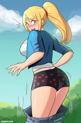1girl accidental_exposure ass assentlov blonde_hair blue_eyes blush breasts cleavage clothes_pull day embarrassed heart heart_print jacket long_hair looking_back male_underwear metroid metroid:_zero_mission nintendo panties pants pants_falling pants_pull ponytail samus_aran shiny_skin sidelocks solo standing thighs tree underwear wardrobe_malfunction