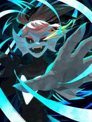 Rule 34 | 1girl, armor, black sclera, blue skin, breastplate, colored sclera, colored skin, eye trail, fangs, fins, foreshortening, head fins, highres, light trail, long hair, looking at viewer, open mouth, outstretched arm, outstretched hand, pauldrons, red hair, shoulder armor, signature, slit pupils, solo, threetree, twitter username, undertale, undyne, undyne the undying, upper body