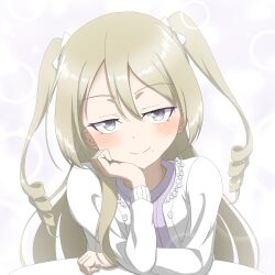 1girl akagi_yutaka alternate_hairstyle birthday blonde_hair blush bow cardigan closed_mouth drill_hair elbow_rest elbows_on_table grey_eyes hair_between_eyes hair_bow hair_ribbon half-closed_eyes hand_on_own_face head_rest highres jewelry jitome kusunoki_mebuki_wa_yuusha_de_aru lens_flare long_hair long_sleeves looking_at_viewer miroku_yumiko mole mole_under_mouth pov_across_table purple_eyes purple_shirt ribbon ringlets shirt simple_background smile smug solo table twin_drills twintails two_side_up upper_body white_background white_bow white_cardigan yuusha_de_aru