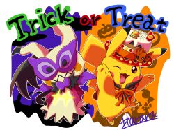 brown_eyes creatures_(company) game_freak gen_1_pokemon gen_7_pokemon halloween halloween_costume harara_mk2 hat highres mask mimikyu nintendo no_humans one_eye_closed open_mouth pikachu pokemon pokemon_(creature) ribbon smile tail tongue tongue_out top_hat trick_or_treat