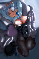 1girl alternate_costume animal_ear_fluff animal_ears black_leotard black_pantyhose borrowed_character breasts brown_eyes cat cat_ears cat_girl cleavage commentary dark-skinned_female dark_skin earrings english_commentary glassesman grey_hair highres hooded_shrug jewelry kara_(vertigris) large_breasts leotard long_hair looking_at_viewer lying on_back open_mouth original pantyhose shoes short_hair shrug_(clothing) solo stud_earrings white_shoes white_shrug