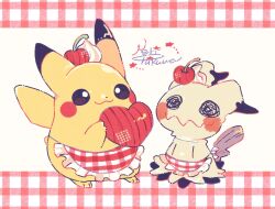 apron banchiku bright_pupils cherry closed_mouth creatures_(company) food fruit full_body game_freak gen_1_pokemon gen_7_pokemon heart highres holding mimikyu nintendo no_humans pikachu pikachu_(assorted_chocolates_2024) pikachu_(cosplay) pokemon pokemon_(creature) smile standing tail whipped_cream white_pupils