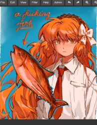 1girl bow brown_hairband collared_shirt english_text hair_bow hairband ishmael_(project_moon) kampuzu limbus_company long_hair looking_at_viewer necktie orange_hair orange_necktie profanity project_moon rope shirt sidelocks solo upper_body very_long_hair white_bow white_shirt