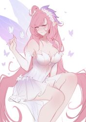 1girl absurdres bare_shoulders breasts bug butterfly butterfly_on_hand cleavage commentary dress elysia_(herrscher_of_human:_ego)_(honkai_impact) elysia_(honkai_impact) english_commentary fairy_wings flower hair_flower hair_ornament highres honkai_(series) honkai_impact_3rd insect large_breasts long_hair official_alternate_costume pink_hair pristinemori purple_eyes simple_background smile solo very_long_hair white_background white_dress wings