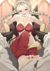 1boy 1girl absurdres bare_shoulders barefoot boots braid breasts bulge cosplay dancer denki_anma domination drawfag erection erection_under_clothes feet female_focus femdom fire_emblem fire_emblem_fates fire_emblem_heroes foot_focus foreshortening grey_eyes grey_hair hairband highres implied_footjob kiran_(fire_emblem) male_kiran_(fire_emblem) looking_at_viewer looking_down medium_breasts nail_polish nina_(fire_emblem) nintendo open_mouth pov red_nails sexually_suggestive shantae shantae_(cosplay) smug toenail_polish toenails twin_braids