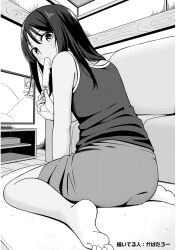 1girl ass feet food inu_chikushou looking_at_viewer looking_back monochrome popsicle tagme