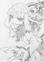 1girl absurdres agria_(tales) blunt_bangs commission freckles fur_trim greyscale grin hair_rings highres long_hair low-tied_sidelocks monochrome nagatomo1565 sidelocks simple_background smile solo tales_of_(series) tales_of_xillia teeth upper_body weapon white_background