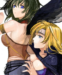 2girls armpits ass ass_grab back bare_back bare_shoulders black_hair black_wings blonde_hair blue_eyes breast_press breasts cleavage fire_emblem fire_emblem:_radiant_dawn from_behind green_hair headband heather_(fire_emblem) laguz_(race) large_breasts long_hair looking_back multiple_girls nintendo open_mouth pupps ringed_eyes short_hair sideboob simple_background smile vika_(fire_emblem) white_background wings yuri