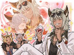 Rule 34 | &gt; &lt;, 1girl, 3boys, :3, :d, ahoge, alcohol, artist request, backless outfit, blonde hair, bracelet, cup, double thumbs up, dress shirt, drinking glass, elsam (granblue fantasy), erune, eyewear on head, flower, formal clothes, freesia (granblue fantasy), granblue fantasy, grey hair, grin, hair intakes, hair over one eye, hairband, jewelry, lowain (granblue fantasy), multiple boys, necklace, official art, open mouth, pointing, ring, rose, shirt, short hair, smile, suit, sunglasses, thumbs up, tomoi (granblue fantasy), unbuttoned, wine, wine glass, xd