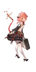 absurdres ahoge alf_(silver_palace) bandolier belt blue_eyes cable cable_tail detached_sleeves fire high_heels highres holding holding_suitcase looking_at_viewer mechanical_tail medium_hair official_art pantyhose pocket_watch red_hair shotgun_shell silver_palace skirt suitcase tail watch white_pantyhose