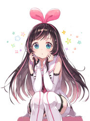 1girl bad_id bad_pixiv_id bare_shoulders blue_eyes blush bow brown_hair hairband hands_on_own_face kizuna_ai kizuna_ai_inc. long_hair looking_at_viewer m2_(guvn5745) multicolored_hair navel open_mouth sailor_collar shirt shorts simple_background sitting solo streaked_hair thighhighs virtual_youtuber white_background