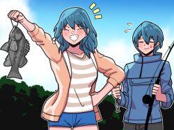 1boy 1girl alternate_costume blue_hair closed_eyes coat female_byleth_(fire_emblem) fire_emblem fire_emblem:_three_houses fish fishing fishing_lure fishing_rod happy jacket male_byleth_(fire_emblem) mnejing30 nature nintendo short_hair shorts striped_clothes